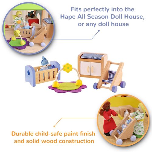 Hape Wooden Doll House Furniture Baby's Room Set with Baby| Pretend Playset for Kid’s Wooden Dollhouse