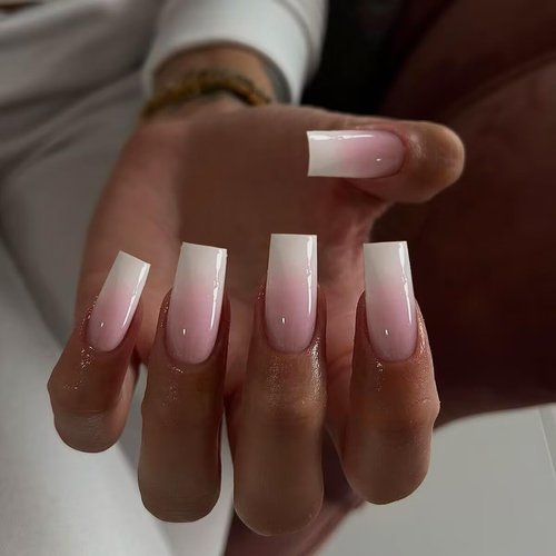 Long Press On Nails Coffin Nails Press Ons,KQueenest Ombre Pink Long Fake Nails For Women Girls,Gradient Pink French Nails Thick Gel Square Tip Nails Acrylic False Nails Set 24 Pcs