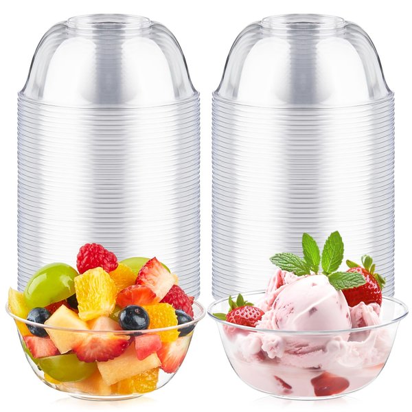 Qeirudu 10 oz Small Clear Plastic Bowls, 60 Pack Disposable Hard Plastic Salad Bowls Party Serving Bowls for Ice Creams, Fruit, Desserts, Parfaits, Snacks