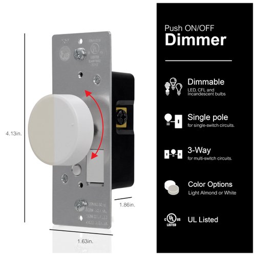 General Electric Almond, GE, 3-Way Dimmer Switch, Push On/Off, Rotating, Use with Dimmable LED and CFL and Incandescent Bulbs, Includes Two Knob Colors, UL Listed, White/Light, 18020, 1 Pack