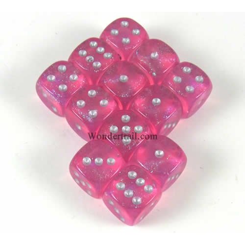 Pink Borealis with Silver Pips 12mm D6 Dice Set of 12 Wondertrail WCX27804E12
