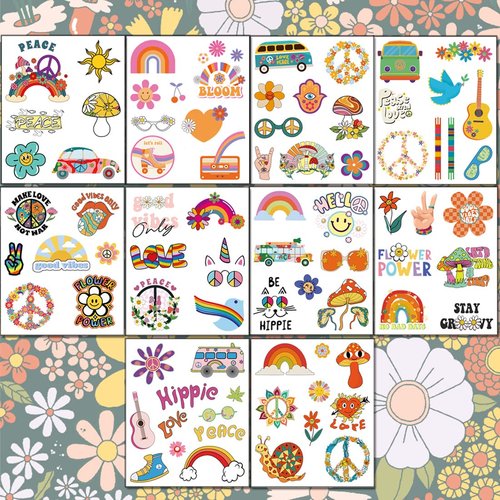 Ooopsiun Hippie Temporary Tattoos for Kids - 70 Styles,Groovy 70s Peace and Love Flower Power Birthday Party Favors for Boys Girls