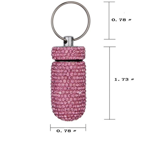 2 Pack Bling Crystal Rhinestones Waterproof Pocket Keychain Pill Holder，Portable Mini Aluminium Alloy Pill Organizer Case Container to Hold Vitamins for Outdoor Camping Travel（Silver,Pink）