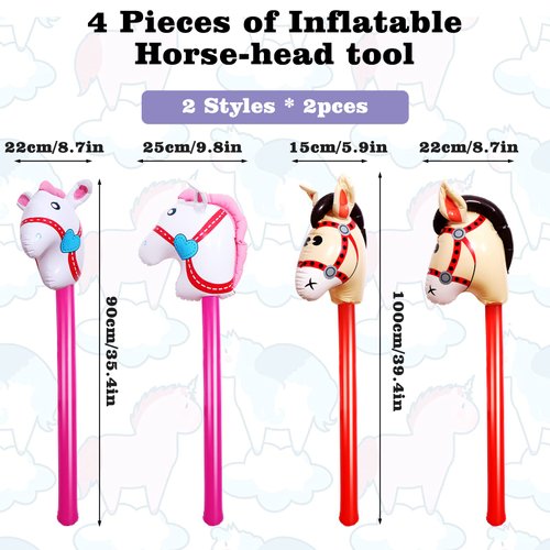 Yiphates 4 Pcs 40 Inch Inflatable Stick Horse Colorful Horse Head Stick Balloon Horse Birthday Party Supplies Pony Stick for Christmas Horse Themed Party Decorations Costume Stick
