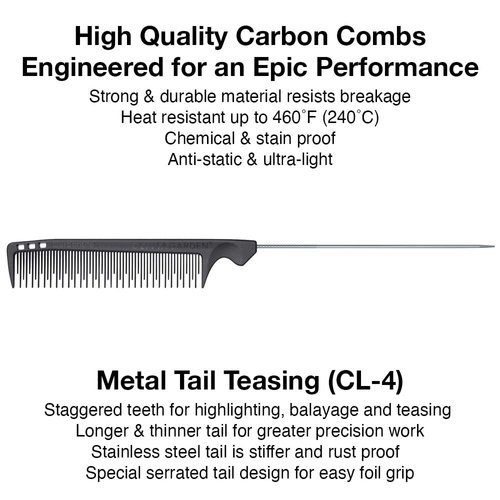 Olivia Garden CarbonLite Metal Tail Teasing Comb made of strong carbon, ultra-light, hight heat resistant, durable and anti-static