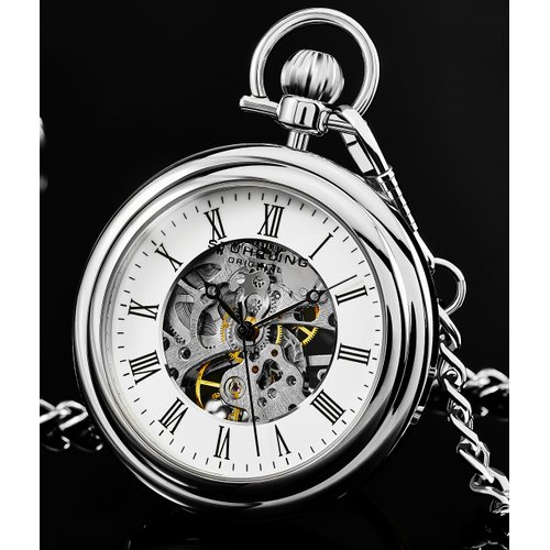 Stuhrling Original Men's Pocket Watch Stainless Steel Analog Skeleton Watch Hand Wind Mechanical Movement Stainless Steel Chain