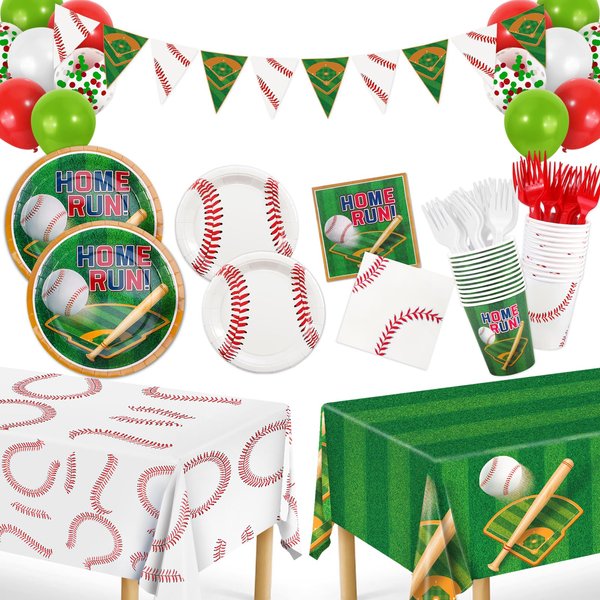Baseball Party Decorations for 24 - Baseball Party Supplies Bundle with Baseball Plates, Napkins, Cups, Banner,Tablecloth and Balloons Perfect for Baseball Birthday & Gameday Celebrations