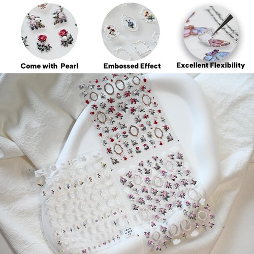 CESTSIREN Rose Flower Frame Nail Art Stickers Pearl Rhinestones Embossed Vintage Nail Decals for Nail Art Design Self-Adhesive Nail Accessories for Women Nail Art Supplies 3 Sheets