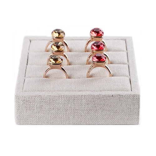 Oirlv linen 3 Slots Ring Earrings Display Trays Showcase Jewelry Organizer (creamy-white,rectangle)