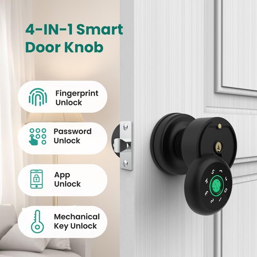 GHome 4 in 1 Smart Fingerprint Door Knob with Keypad Door Lock, Biometric Smart Door Knobs & App Control, Keyless Entry Door Lock Great for Home, Bedroom, Apartment Offices and Garages