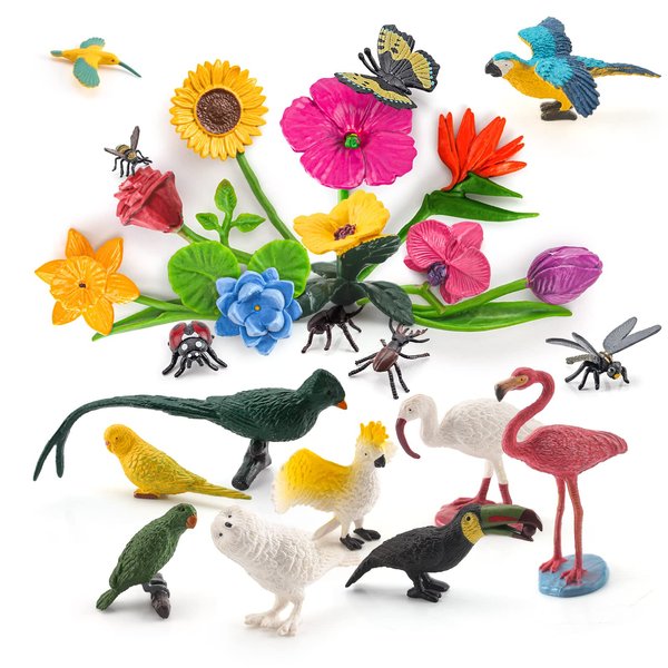 BRETOYIN 24PCS Realistic Bird Animals Figurines Plastic Flower Toys Mini Insect Toys Set for Toddlers Age 3+ Educational Project Diorama Kids Toys for Preschool Children