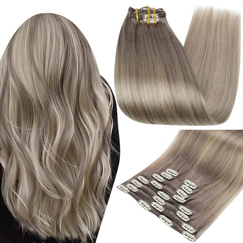 Full Shine Blonde Clip in Hair Extensions Real Hair Extensions Clip in Human Hair Double Weft Clip in Hair Extensions 7 Pcs Hair Balayage Ash Grey Blonde Fading to Platinum Blonde 14 Inch