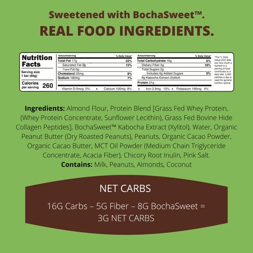 BochaSweet Keto Protein Bar, Chocolate Peanut Butter BochaBar, 21g Grass Fed Collagen, Low Carb, Keto-Friendly, Gluten Free, 4 Count