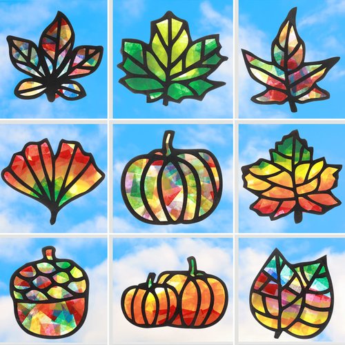 Zonon 27 Pieces Fall Leaves Suncatcher Paper Kit Autumn Pumpkin Acorn Suncatcher Craft Kit for Window Sun Catchers for Kids Thanksgiving Decorations