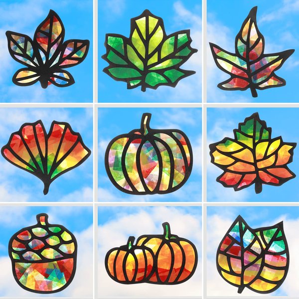 Zonon 27 Pieces Fall Leaves Suncatcher Paper Kit Autumn Pumpkin Acorn Suncatcher Craft Kit for Window Sun Catchers for Kids Thanksgiving Decorations