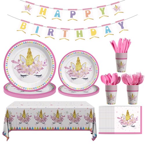 Cecnamt Unicorn Birthday Decorations for Girls, 170 Pcs Unicorn Party Supplies, Unicorn Party Decorations Including Banner, Plates, Cups, Napkins, Cutlery and Tablecloths, Serves 24