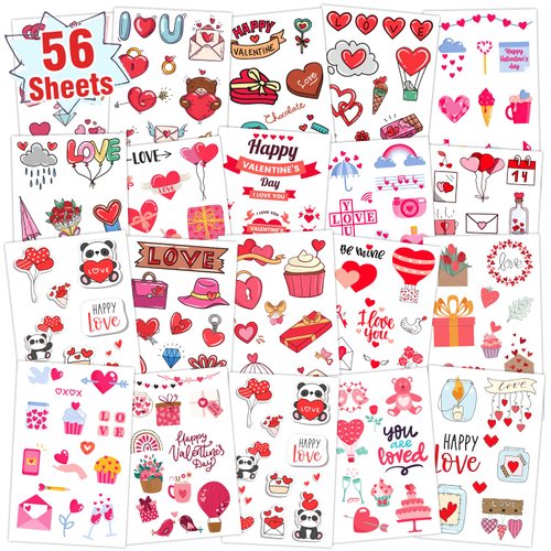 Partywind 56 Sheets Temporary Tattoos for Kids Valentine's Day, 560 Styles Love Heart Tattoo Stickers for Kids Valentines Party Supplies Favors, Exchange Games Prizes for Kids Classroom