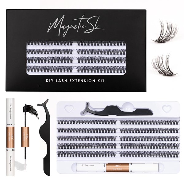 DIY Lash Extension Kit 200pcs Cluster Lashes Kit 40D Lash Clusters Individual Eyelash Extensions Kit with Lash Bond & Seal For False Eyelash, Applicator For Cluster Kit Mix 10-16mm D Curl(40D-0.07D)