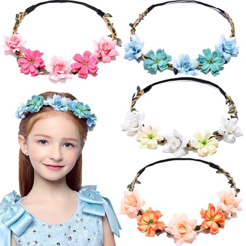 Ainvhh 4 Pcs Rose Gesang Wreath Floral Crown Headband Hair Wreath Adjustable Headpiece Halo for Bohemian Style Bride Bridesmaid Wedding Tour Photos Accessories for Women Kids Festival Party (4 Color)