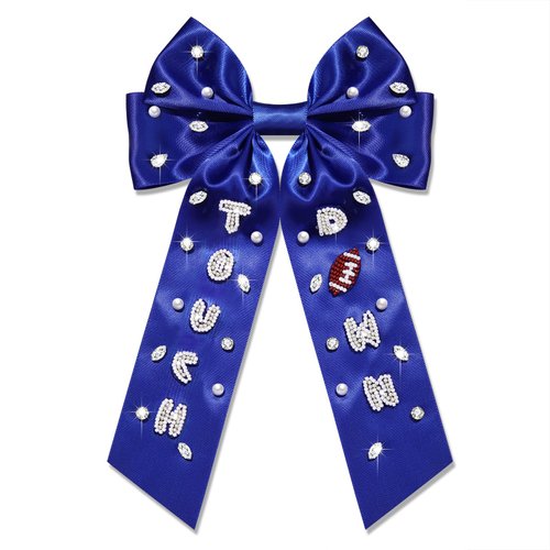 NLCAC Football Hair Bows Beaded Touch Down Game Day Bows for Women Long Tail Satin Bow Barrette Hair Clip Game Day Outfits Hair Accessories for Women Sports Fan Gifts Blue
