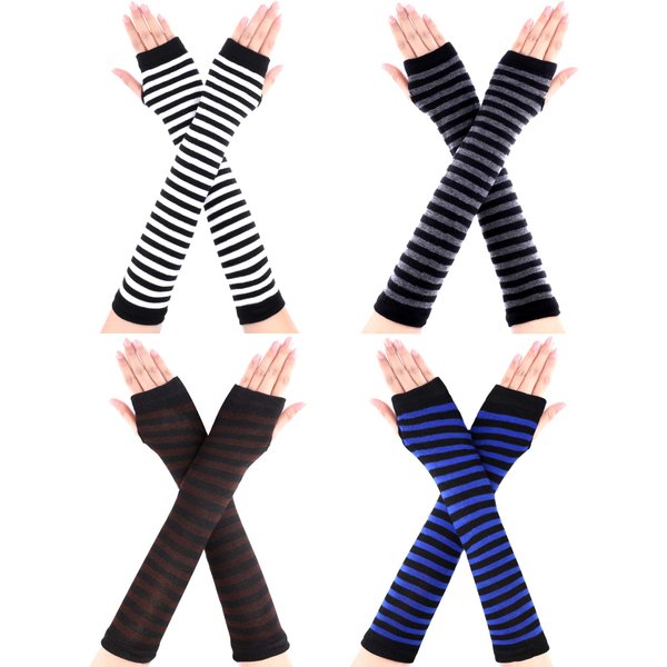 4 Pairs Women Knit Arm Warmers Long Fingerless Gloves Knitted Elbow Length Gloves Thumb Hole Gloves Winter (Black White, Black Grey, Black Blue, Black Coffee)