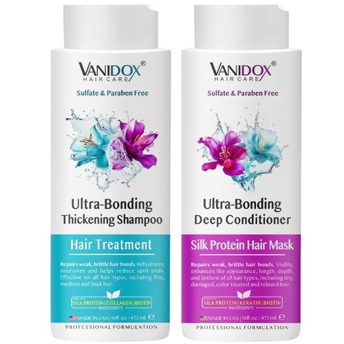 VANIDOX Silk Therapy for Hair - Improves Shine and Smoothness, Retains Moisture, Repairs and Strengthens Weak and Brittle Hair, Shampoo and Conditioner Set for Dry Hair (16 fl oz x 2)
