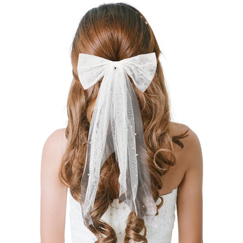 Bridal Hair Bow Veil for Bachelorette Party White Hair Bow Bride to Be Bridal Shower Gift Bridesmaid Favors with Barrette (White pearls)