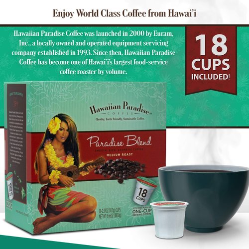 Hawaiian Paradise Coffee Cups Paradise Blend Single Serve Cups - 18 Count - Medium Roast From 100% Arabica Beans - Compatible with Keurig K-Cup Brewers