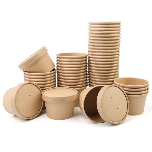 8 oz 50 Pack Paper Soup Containers with lids, Disposable Kraft Food Cups, Soup Cups Paper Ice Cream Cups, Dessert Cups, Yogurt Ice Cream Containers. Great For Restaurants, Take Outs, or To-Go Lunch