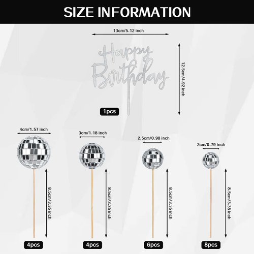 JOERSH 23pcs Disco Ball Cupcake Toppers Happy Birthday Cake Topper - 1970s Disco Ball Cake Picks Disco Theme Cake Decorations for Disco Theme Party 70s Disco Party Favor