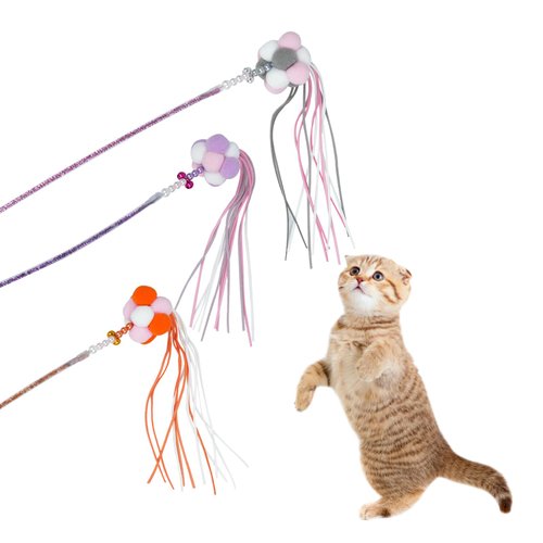 PawsSynergy Colorful Cat Toy Wand with Cute Appearance, Acrylic Rod Body, Beaded Bells, Pompoms, and Tassels, Refills for Indoor Cats to Chase and Exercise(3 Colors)
