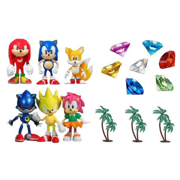 Classic Sonic and Friends 15 Piece Figure Play Set Featuring Sonic Figures, Themed Palm Trees and Sonic Themed Gems (Unique Design)