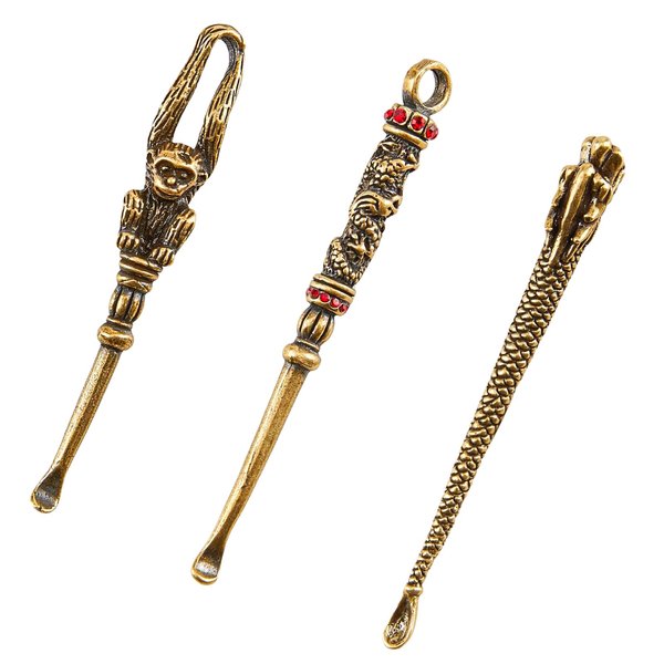 SUPERFINDINGS 3Pcs Brass Retro Dragon/Monkey Ear Wax Remover Ear Pick Ear Cleaning Spoon Monkey Dragon Gemstones Earwax Removal Tool Keychain Ear Cleaner