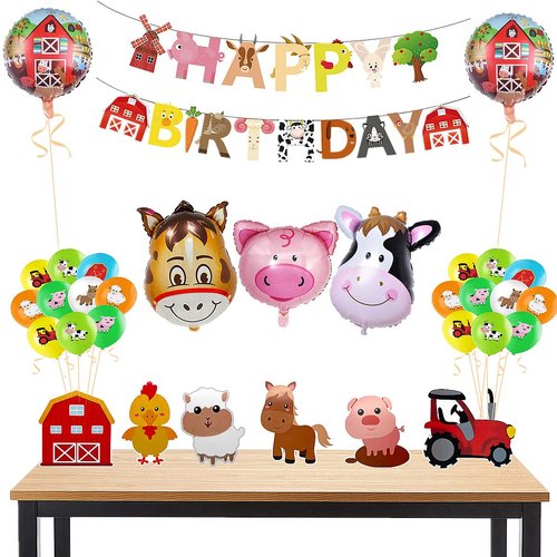 36 Pcs Farm Themed Party Supplies,Include Farm Animals Centerpieces Farm Birthday Banner and Foil Latex Balloons, Indoor and Outdoor Farm Animals 3D Table Decoration