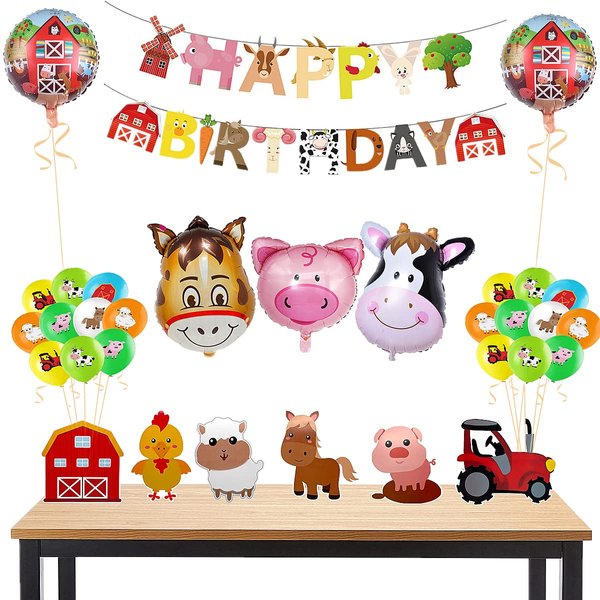 36 Pcs Farm Themed Party Supplies,Include Farm Animals Centerpieces Farm Birthday Banner and Foil Latex Balloons, Indoor and Outdoor Farm Animals 3D Table Decoration