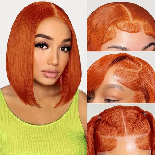 MIAORUN Ginger Bob Lace Front Wigs Human Hair for Black Women 10 Inch 13x4 HD Lace Frontal Straight Bob Orange Ginger Wig Lace Front Human Hair Pre Plucked Hairline with Baby Hair Brazilian #350