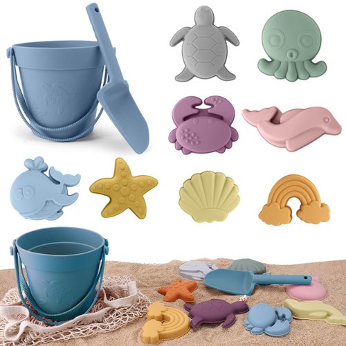 Beach Toys 11Pcs Silicone Modern Baby Beach Toys with Beach Bag Travel Friendly Beach Set,Silicone Bucket, Shovel, 8 Sand Molds,Silicone Sand Toys for Toddlers, Kids (Blue)