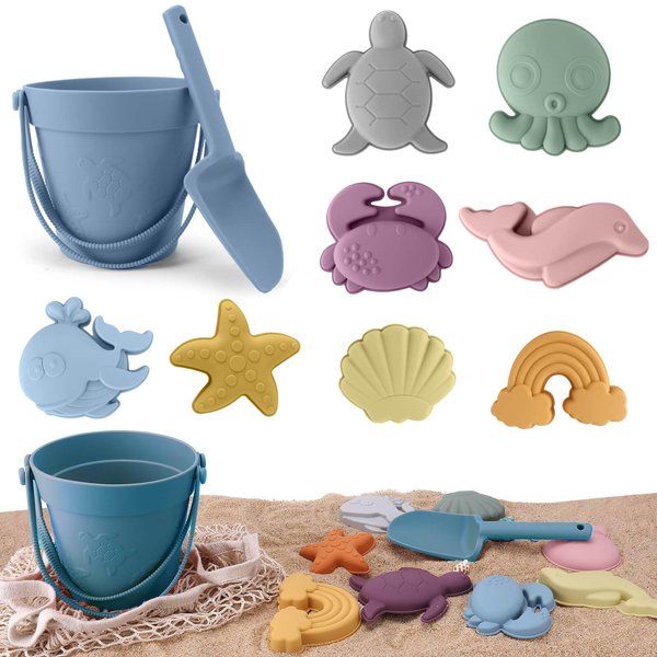 Beach Toys 11Pcs Silicone Modern Baby Beach Toys with Beach Bag Travel Friendly Beach Set,Silicone Bucket, Shovel, 8 Sand Molds,Silicone Sand Toys for Toddlers, Kids (Blue)