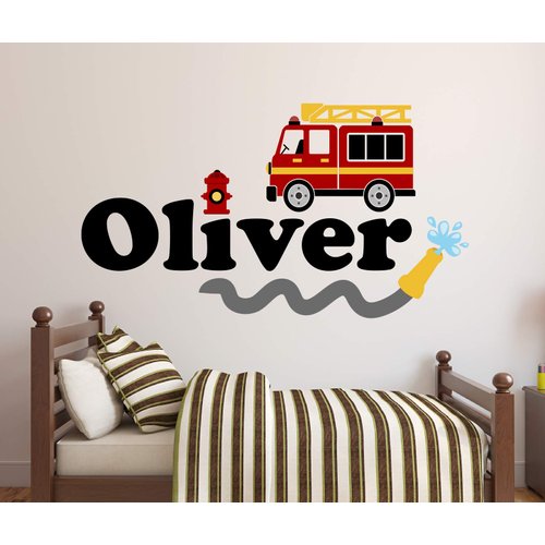 Custom Name Firetruck Wall Decal - Firetruck Wall Decals - Boys Kids Wall Decal - Nursery Wall Decals - Fire Truck Vinyl Wall Art Decor Sticker (52"W x 28"H)