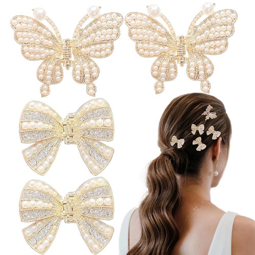 4 PCS Butterfly Hair Claw Clips Pearl Rhinestone Sweet Mini Hair Clips Metal Non Slip Strong Hold Hair Jaw Clips Bride Wedding Fancy Hair Barrettes for Thick Long Women Girls Hair Accessories present