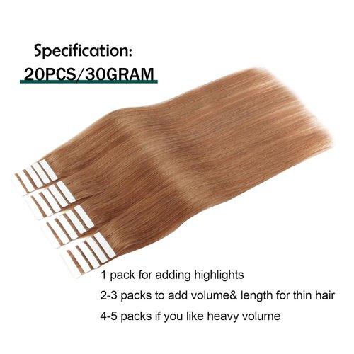 Sassina Tape in Hair Extensions Human Hair 30g/20pcs Skin Weft Invisible Seamless Reusable Platinum Light Auburn Color 30 12 Inch, 30