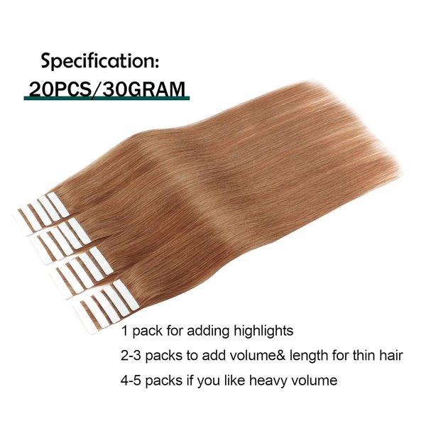 Sassina Tape in Hair Extensions Human Hair 30g/20pcs Skin Weft Invisible Seamless Reusable Platinum Light Auburn Color 30 12 Inch, 30