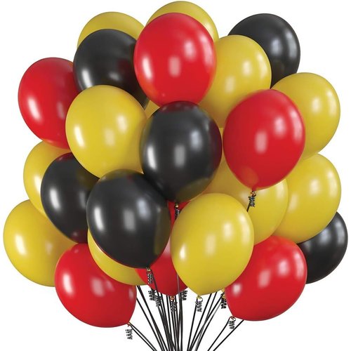 Prextex 75 Party Balloons 12 Inch Black, Red and Yellow Balloons with Ribbon for Black Red Yellow Color Theme Party Decoration, Baby Shower, Bachelorette, Birthday Parties Supplies, Helium Quality