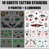 Syunyin Halloween Tattoos, (10 Sheets) Spider Temporary Tattoos Adult Face Tattoo Carnival Fake Tattoos including Glow in the Dark Tattoos Festival Tattoos for Kids and Girls Tattoo Stickers for Party