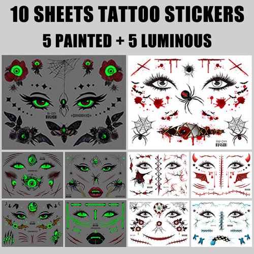 Syunyin Halloween Tattoos, (10 Sheets) Spider Temporary Tattoos Adult Face Tattoo Carnival Fake Tattoos including Glow in the Dark Tattoos Festival Tattoos for Kids and Girls Tattoo Stickers for Party