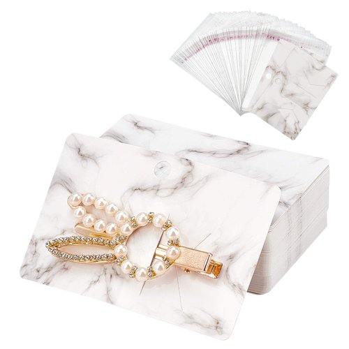 PH PandaHall 100pcs Hair Bow Holder, Marble Pattern Hair Clip Display Cards 3.9x2.5” Rectangular Cardboard Hair Clip Hanger with 100pcs OPP Bags for Jewelry Hair Accessory Selling Small Business