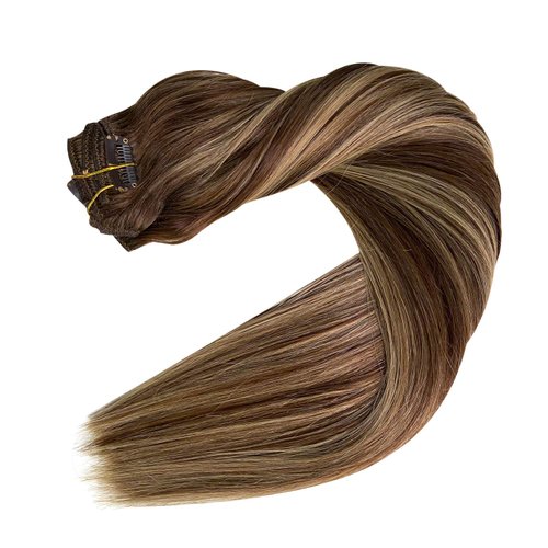 Clip in Hair Extensions, Human Hair 7Pcs 120g Clip in Extensions,Ombre Chocolate Brown to Honey Blonde Highlights Balayage Real Hair Extensions Clip in Straight Remy Human Hair Extensions 14 Inch