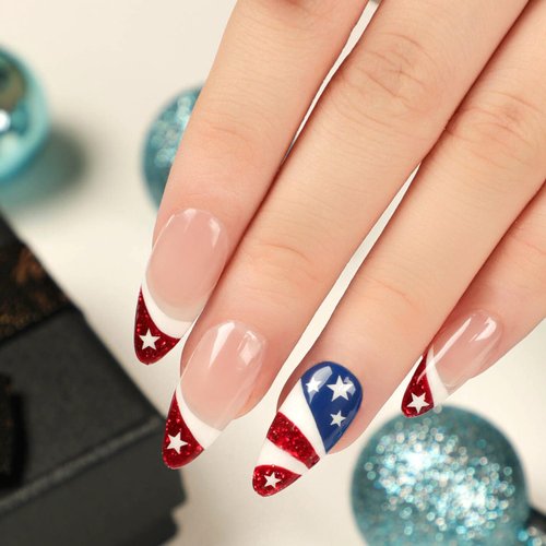 4th of July Press on Nails Medium Almond Independence Day Fake Nails Red Glitter French Tip False Nails With Star Designs Full Cover Stick on Nails Acrylic Patriotic Artificial Nails for Women 24Pcs