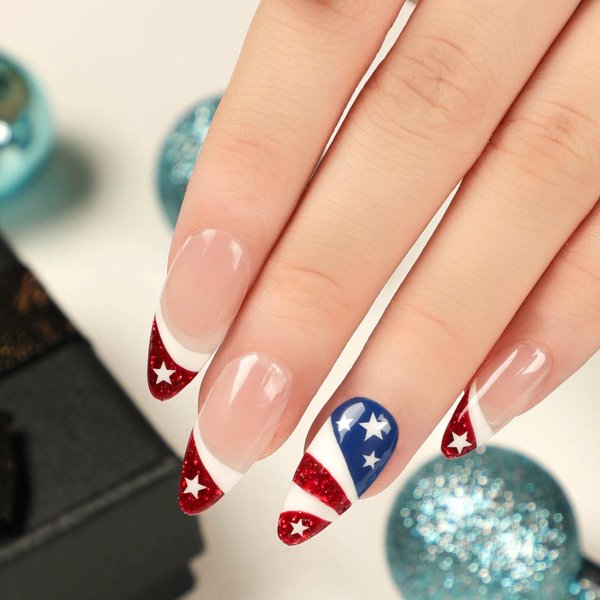 4th of July Press on Nails Medium Almond Independence Day Fake Nails Red Glitter French Tip False Nails With Star Designs Full Cover Stick on Nails Acrylic Patriotic Artificial Nails for Women 24Pcs