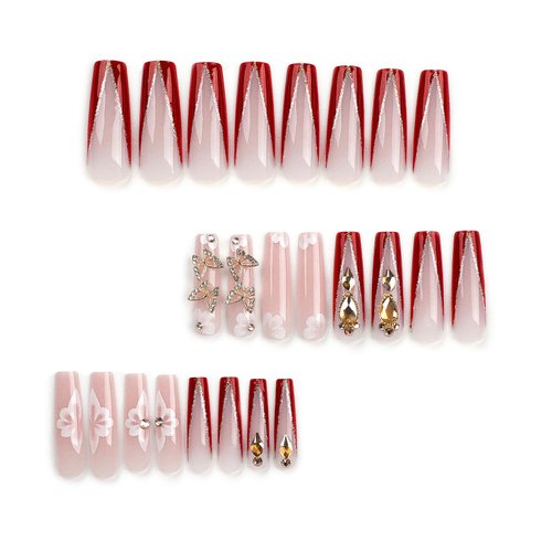 Aegenacess Press On Nails Square - Red Press On Nails Extra Long, Luxurious Glue On Nails with 3D Butterfly Rhinestones, Semi-Transparent Nude Stick On Nails, Handmade 24PCS Fake Nails in 12 Sizes